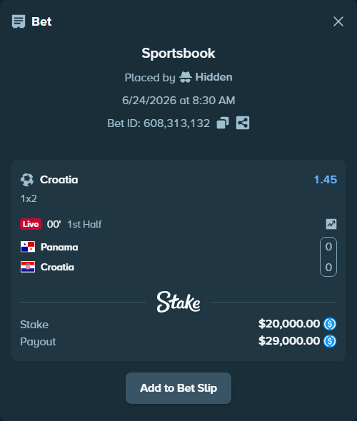 Bet slip: Panama - Croatia, $20,000.00 stake at 1.45 odds, placed by Storestorm