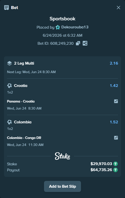 Bet slip: Panama - Croatia, $30,000.00 stake at 1.42 odds, placed by Dekourouba13