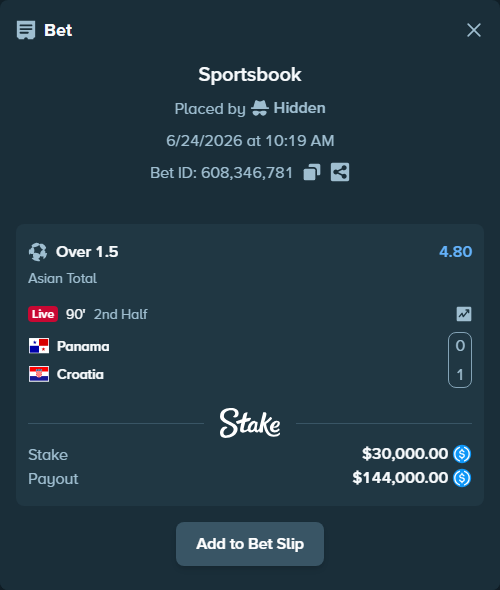 Bet slip: Panama - Croatia, $30,000.00 stake at 4.80 odds, placed by scrubbylolol