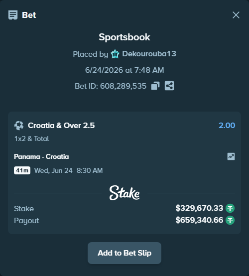 Bet slip: Panama - Croatia, $330,000.00 stake at 2.00 odds, placed by Dekourouba13