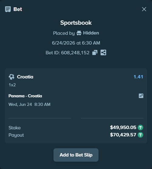 Bet slip: Panama - Croatia, $50,000.00 stake at 1.41 odds, placed by Dekourouba13