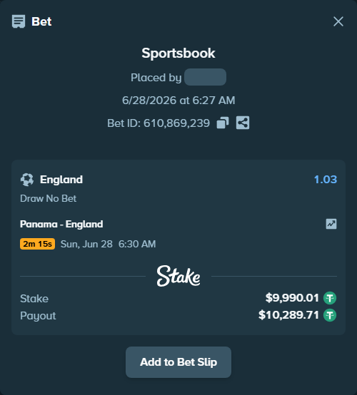 Bet slip: Panama - England, $10,000.00 stake at 1.03 odds, placed by criscas85