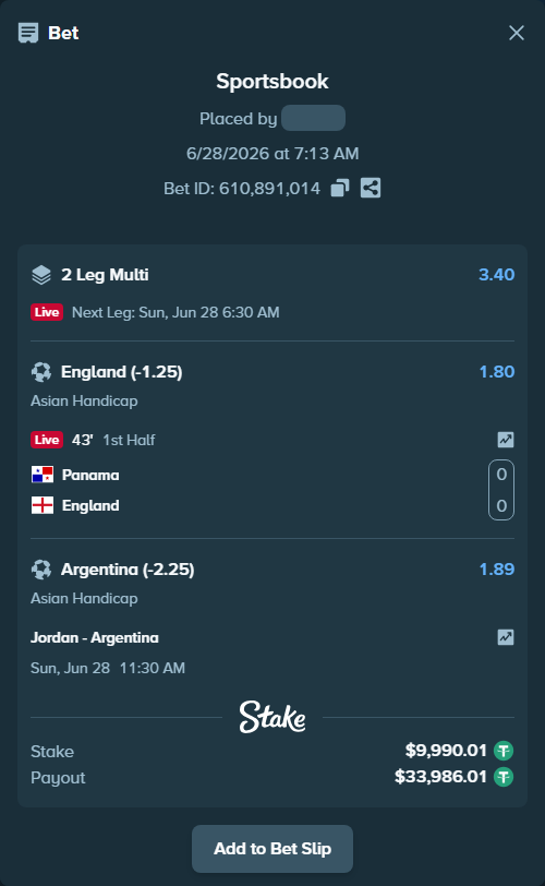 Bet slip: Panama - England, $10,000.00 stake at 1.80 odds, placed by Agus1033