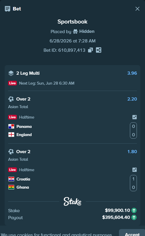 Bet slip: Panama - England, $100,000.00 stake at 2.20 odds, placed by Hidden