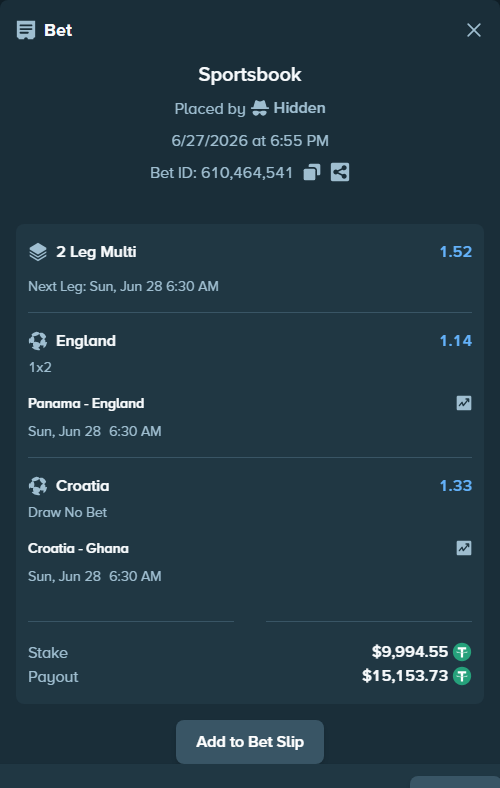 Bet slip: Panama - England, $10,004.54 stake at 1.14 odds, placed by Haliasovskyi