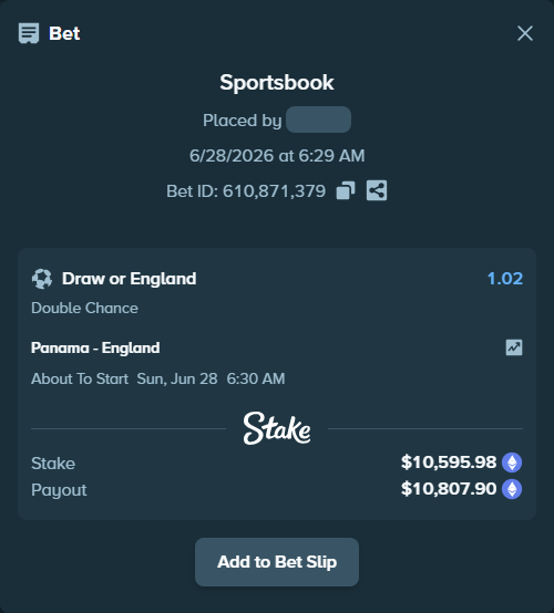 Bet slip: Panama - England, $11,623.59 stake at 1.02 odds, placed by AaryanOfc