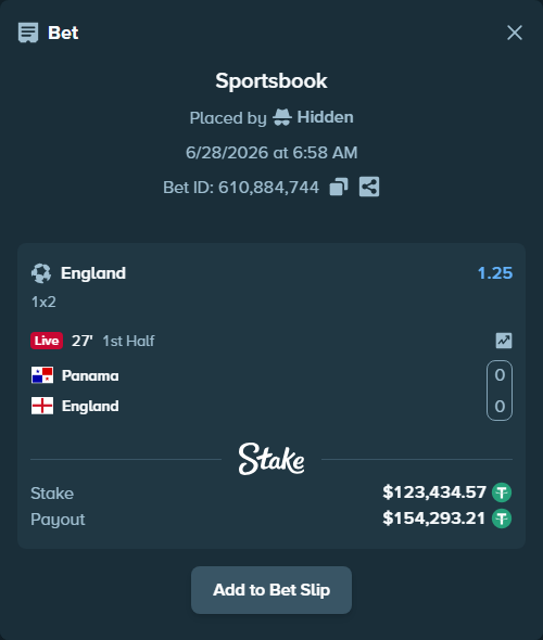 Bet slip: Panama - England, $123,558.00 stake at 1.25 odds, placed by Hidden