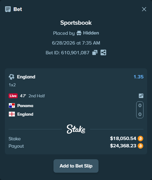Bet slip: Panama - England, $18,588.00 stake at 1.35 odds, placed by Hidden