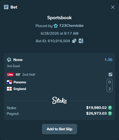 Bet slip: Panama - England, $20,000.00 stake at 1.35 odds, placed by 123Cherstake