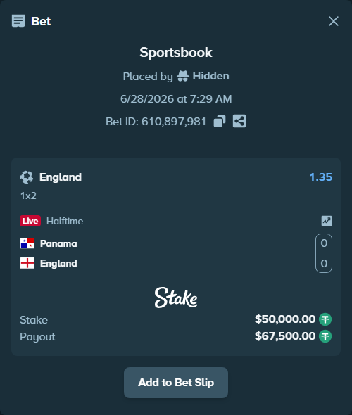 Bet slip: Panama - England, $50,050.00 stake at 1.35 odds, placed by Hidden