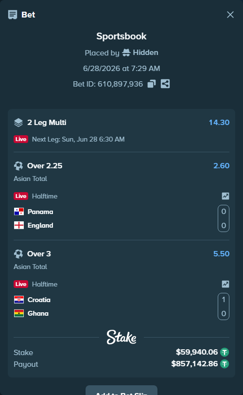 Bet slip: Panama - England, $60,000.00 stake at 2.60 odds, placed by Hidden