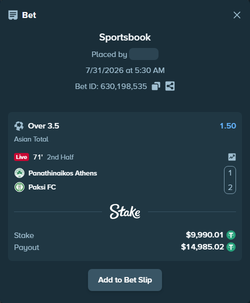 Bet slip: Panathinaikos Athens - Paksi FC, $10,000.00 stake at 1.50 odds, placed by RichHalif