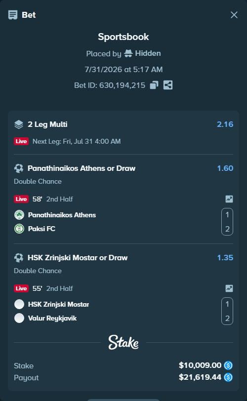 Bet slip: Panathinaikos Athens - Paksi FC, $10,009.00 stake at 1.60 odds, placed by Hidden