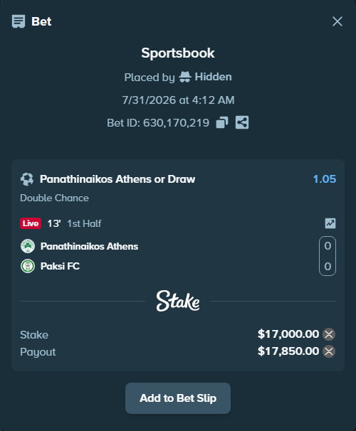 Bet slip: Panathinaikos Athens - Paksi FC, $16,181.90 stake at 1.05 odds, placed by Hidden