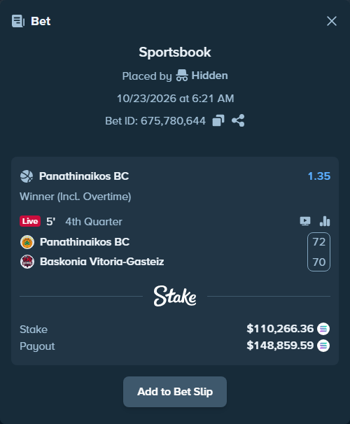 Bet slip: Panathinaikos BC - Baskonia Vitoria-Gasteiz, $110,675.70 stake at 1.35 odds, placed by Prettylfacko98