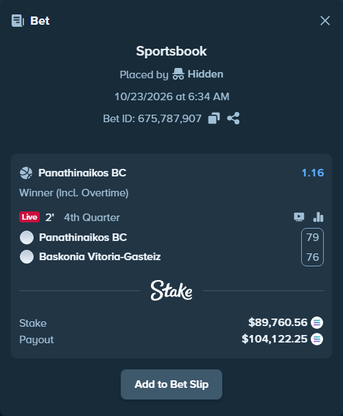 Bet slip: Panathinaikos BC - Baskonia Vitoria-Gasteiz, $89,907.61 stake at 1.16 odds, placed by Prettylfacko98