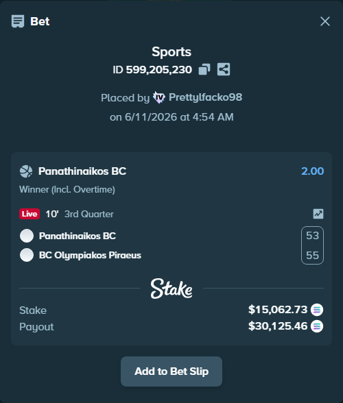 Bet slip: Panathinaikos BC - BC Olympiakos Piraeus, $17,404.59 stake at 2.00 odds, placed by Prettylfacko98