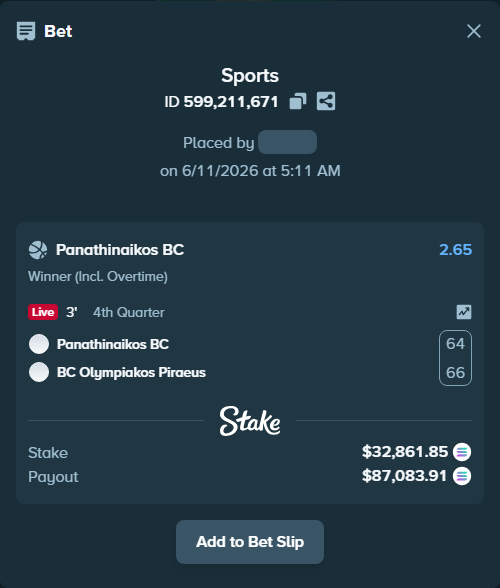 Bet slip: Panathinaikos BC - BC Olympiakos Piraeus, $37,826.25 stake at 2.65 odds, placed by Prettylfacko98