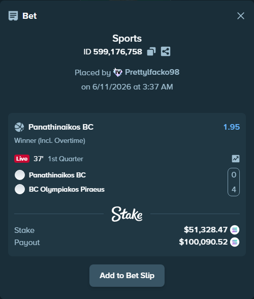 Bet slip: Panathinaikos BC - BC Olympiakos Piraeus, $58,969.56 stake at 1.95 odds, placed by Prettylfacko98