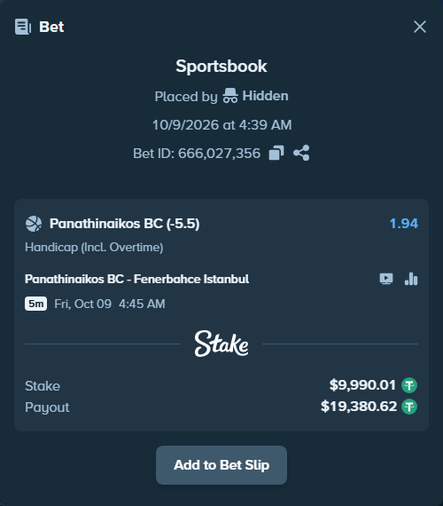 Bet slip: Panathinaikos BC - Fenerbahce Istanbul, $10,000.00 stake at 1.94 odds, placed by Theketkitkitty