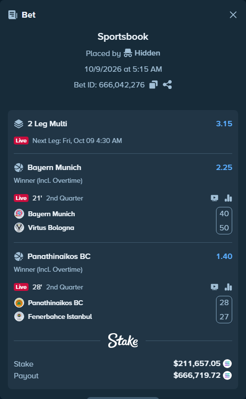 Bet slip: Panathinaikos BC - Fenerbahce Istanbul, $215,202.87 stake at 1.40 odds, placed by Prettylfacko98