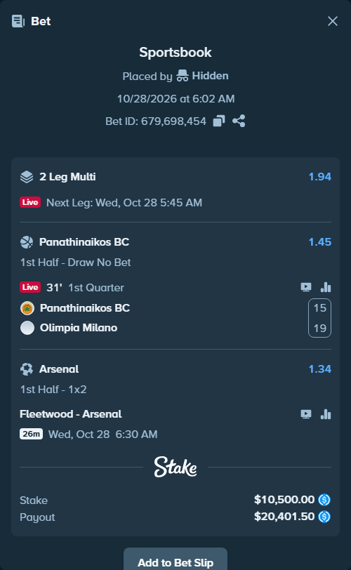 Bet slip: Panathinaikos BC - Olimpia Milano, $10,500.00 stake at 1.45 odds, placed by danielarkas
