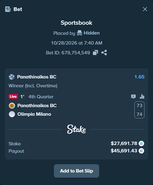 Bet slip: Panathinaikos BC - Olimpia Milano, $27,752.30 stake at 1.65 odds, placed by Prettylfacko98