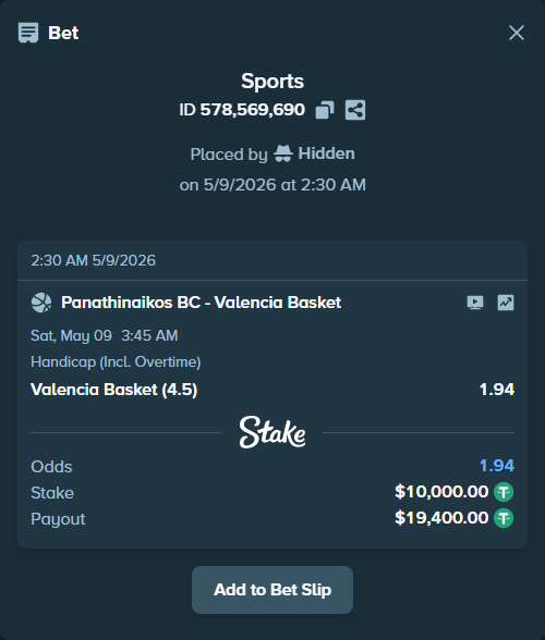 Bet slip: Panathinaikos BC - Valencia Basket, $10,000.00 stake at 1.94 odds, placed by Hidden
