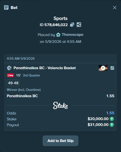 Bet slip: Panathinaikos BC - Valencia Basket, $20,000.00 stake at 1.55 odds, placed by Thanoscape