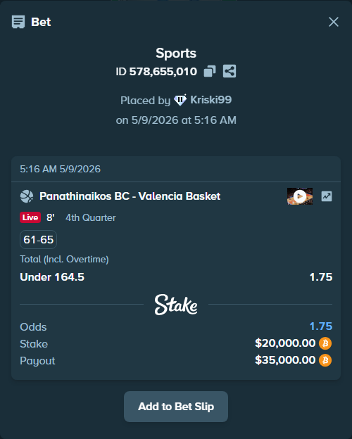 Bet slip: Panathinaikos BC - Valencia Basket, $16,057.64 stake at 1.75 odds, placed by Kriski99