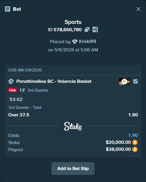 Bet slip: Panathinaikos BC - Valencia Basket, $16,070.50 stake at 1.90 odds, placed by Kriski99