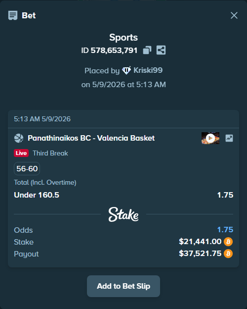 Bet slip: Panathinaikos BC - Valencia Basket, $17,214.60 stake at 1.75 odds, placed by Kriski99