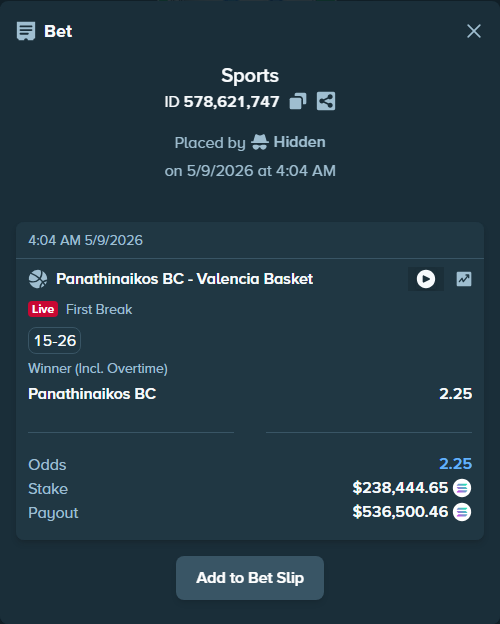 Bet slip: Panathinaikos BC - Valencia Basket, $189,854.78 stake at 2.25 odds, placed by Prettylfacko98