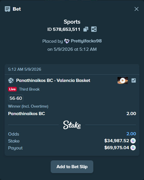 Bet slip: Panathinaikos BC - Valencia Basket, $27,806.37 stake at 2.00 odds, placed by Prettylfacko98