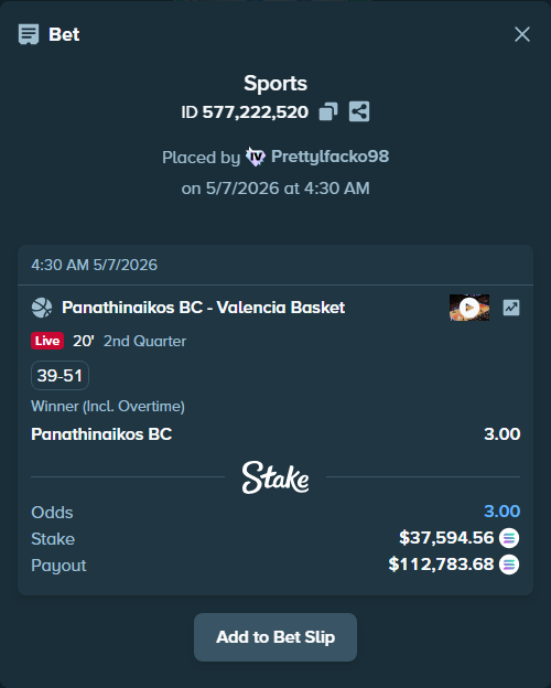 Bet slip: Panathinaikos BC - Valencia Basket, $31,066.82 stake at 3.00 odds, placed by Prettylfacko98