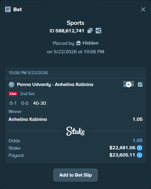 Bet slip: Panna Udvardy - Anhelina Kalinina, $22,481.06 stake at 1.05 odds, placed by Hidden