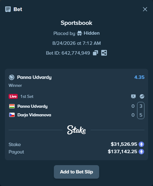 Bet slip: Panna Udvardy - Darja Vidmanova, $31,050.23 stake at 4.35 odds, placed by Hidden
