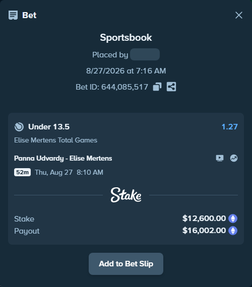Bet slip: Panna Udvardy - Elise Mertens, $12,554.89 stake at 1.27 odds, placed by eisaHochu