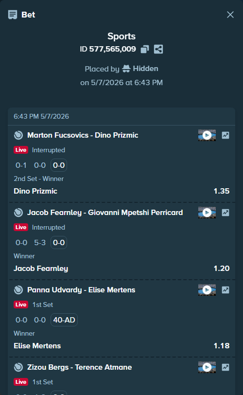 Bet slip: Panna Udvardy - Elise Mertens, $15,000.00 stake at 1.18 odds, placed by Hidden