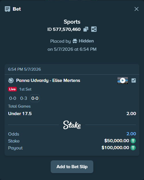 Bet slip: Panna Udvardy - Elise Mertens, $50,000.00 stake at 2.00 odds, placed by Hidden