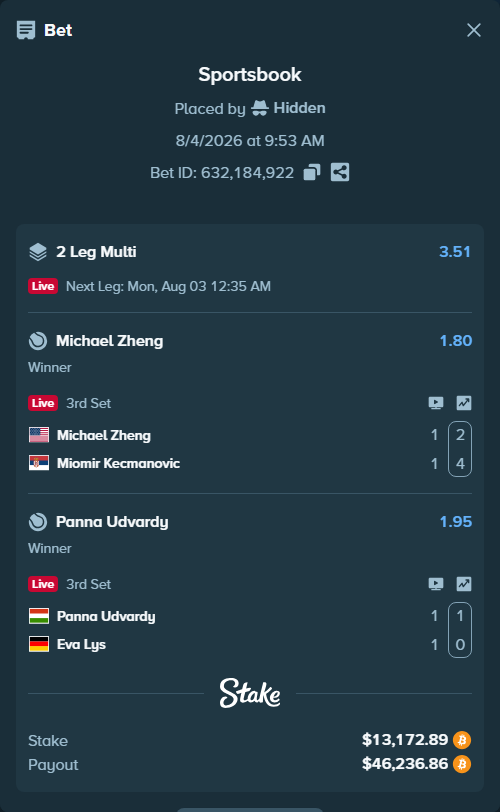 Bet slip: Panna Udvardy - Eva Lys, $13,379.39 stake at 1.95 odds, placed by Hidden