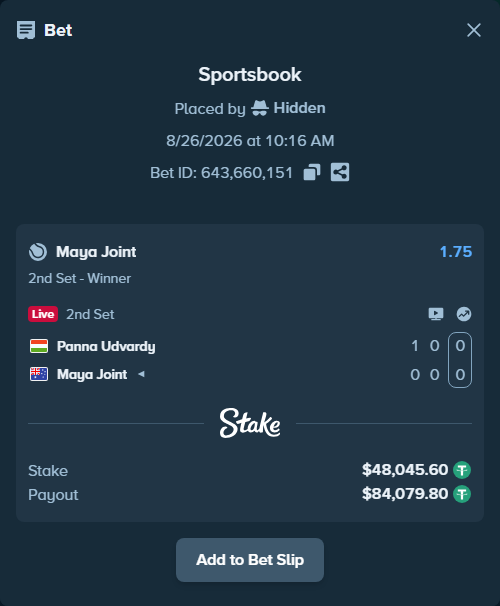 Bet slip: Panna Udvardy - Maya Joint, $48,045.60 stake at 1.75 odds, placed by Hidden