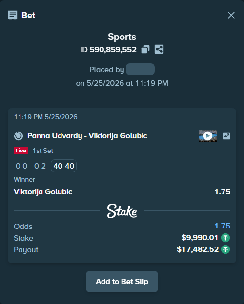 Bet slip: Panna Udvardy - Viktorija Golubic, $10,000.00 stake at 1.75 odds, placed by Zezula1