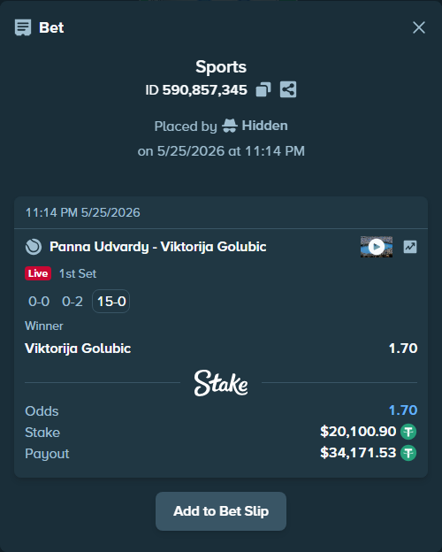 Bet slip: Panna Udvardy - Viktorija Golubic, $20,121.00 stake at 1.70 odds, placed by Hidden
