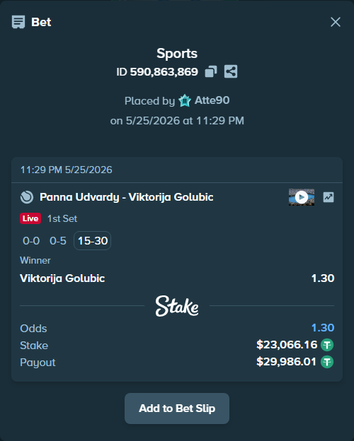 Bet slip: Panna Udvardy - Viktorija Golubic, $23,089.22 stake at 1.30 odds, placed by Atte90