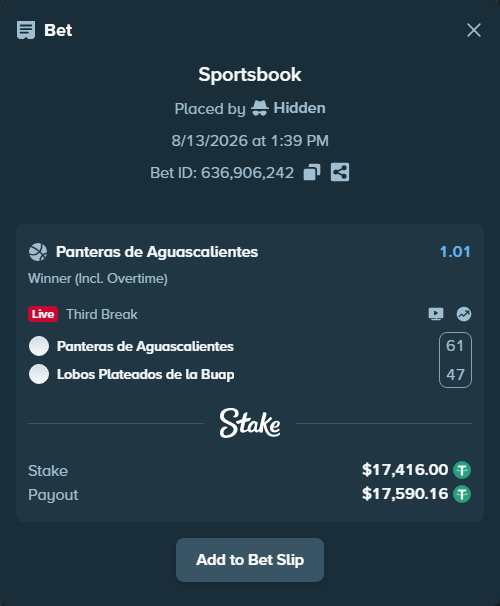 Bet slip: Panteras de Aguascalientes - Lobos de Puebla, $17,433.42 stake at 1.01 odds, placed by Hidden