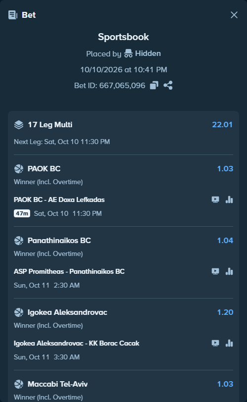 Bet slip: PAOK BC - AE Doxa Lefkadas, $112,812.25 stake at 1.03 odds, placed by Prettylfacko98