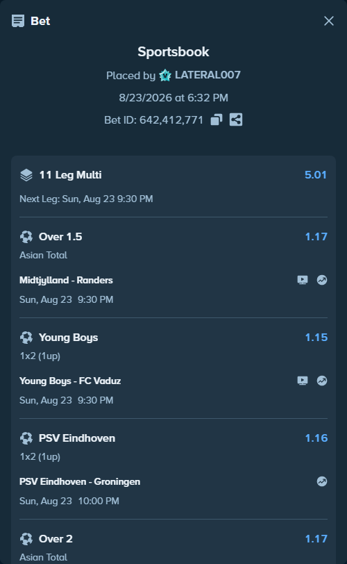 Bet slip: PAOK Thessaloniki - APO Levadiakos FC, $10,000.00 stake at 1.09 odds, placed by LATERAL007