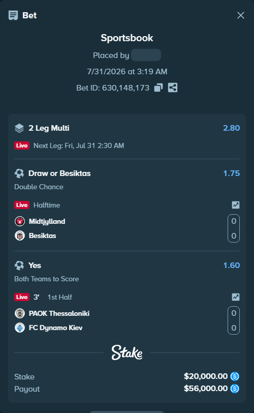 Bet slip: PAOK Thessaloniki - FC Dynamo Kyiv, $20,000.00 stake at 1.60 odds, placed by TeslaKesla22