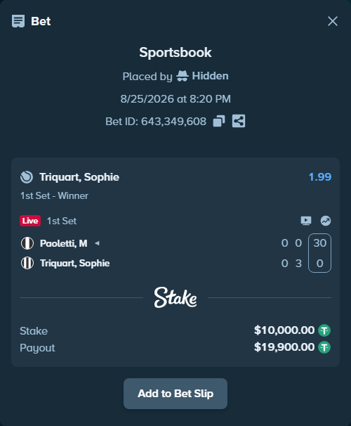 Bet slip: Paoletti, M - Triquart, Sophie, $10,000.00 stake at 1.99 odds, placed by Hidden